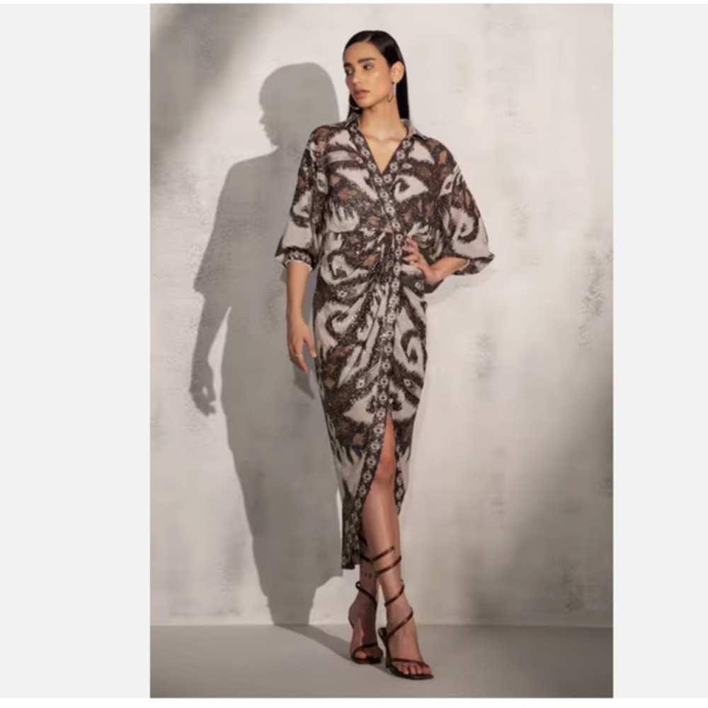 Ranna Gill Brown Flat Sequin Ikat Dress Silver Metallic Draped Cocktail Nwt XS